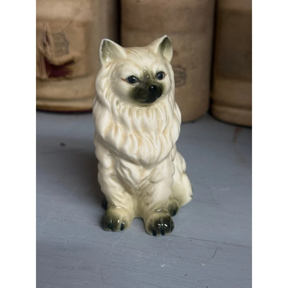 Vintage Ceramic Persian Cat Figurine White Long Hair Kitty Statue 3.5” Feline